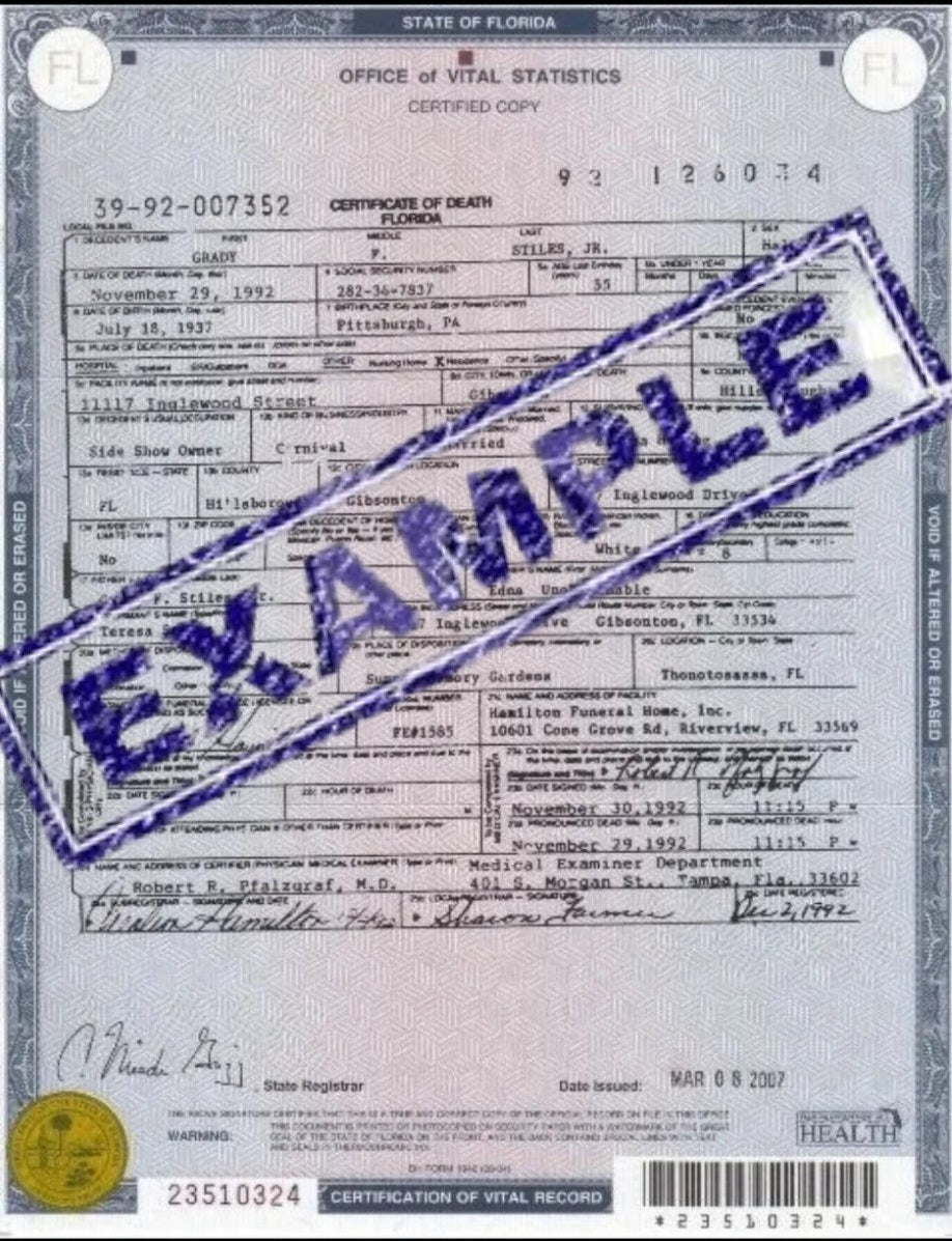 Death Certificate Grady Stiles 