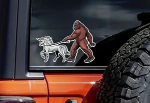Bigfoot Walking A Unicorn Sticker Free Shipping Sasquatch Yeti sticker