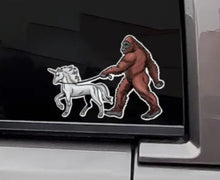 Cargar imagen en el visor de la galería, Bigfoot Walking A Unicorn Sticker Free Shipping Sasquatch Yeti sticker