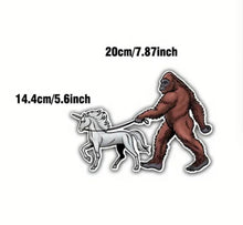 Load image into Gallery viewer, Bigfoot Walking A Unicorn Sticker Free Shipping Sasquatch Yeti sticker