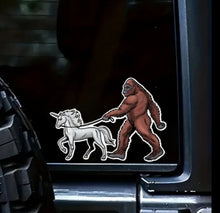 Load image into Gallery viewer, Bigfoot Walking A Unicorn Sticker Free Shipping Sasquatch Yeti sticker