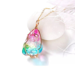 Rainbow Stone Natural Crystal Chakra Rock Chain Quartz Pendant Necklace Jewelry